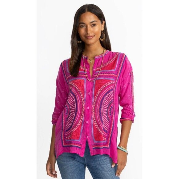 Johnny Was Tops - Johnny Was The Audrey Mandarin Collar Embroidered Shirt in Fuchsia Size M NWT